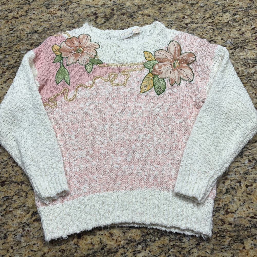 Vintage Needles & Yarn Pink Floral Popcorn Knit Sweater Pearl Accents Large v